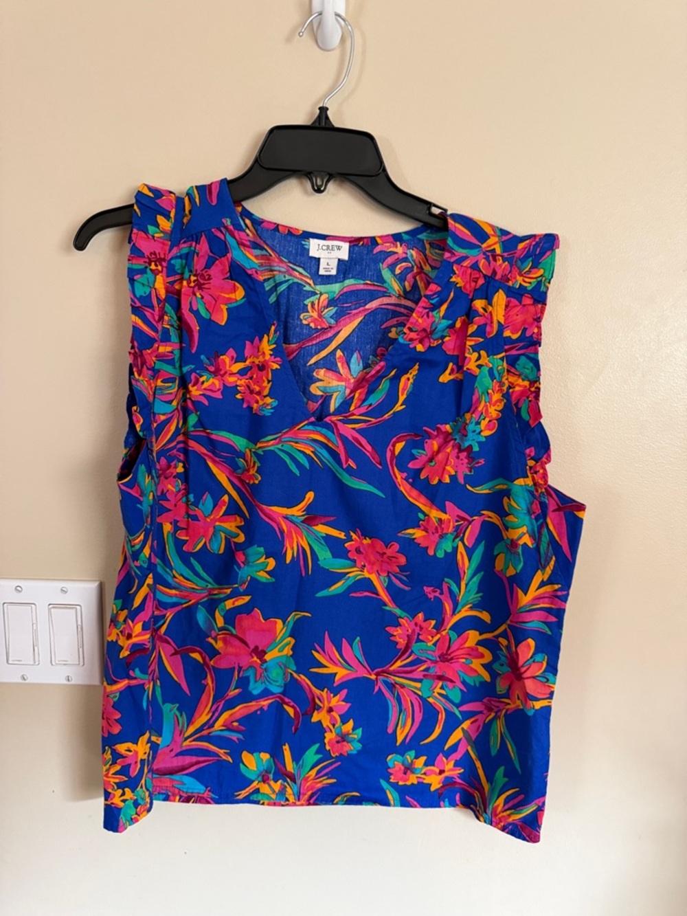 J. Crew Blue Floral Ruffle Shoulder Tank